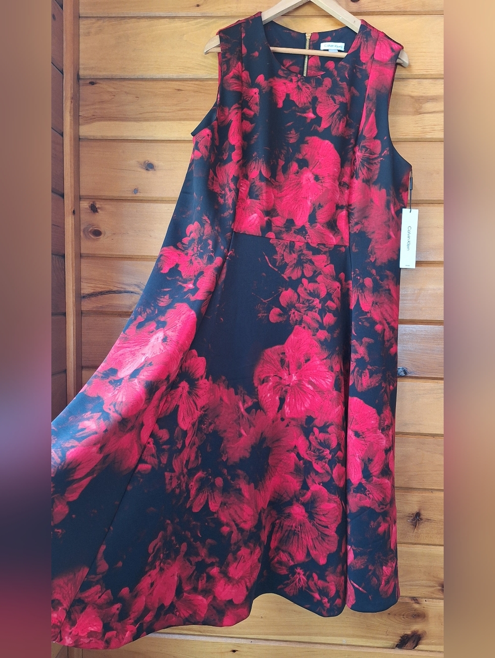 💃Calvin Klein Black & Red Floral A-Line Dress Sz 18w